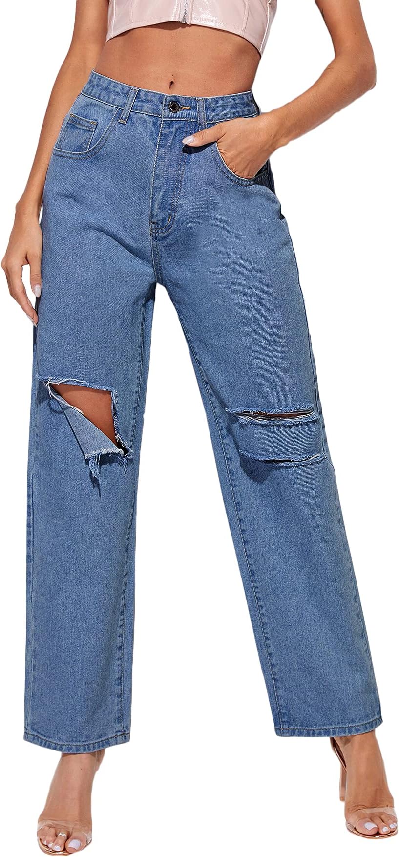 SheIn Women's Ripped Boyfriends Jeans High Waist Distressed Denim Long Pants with Pockets