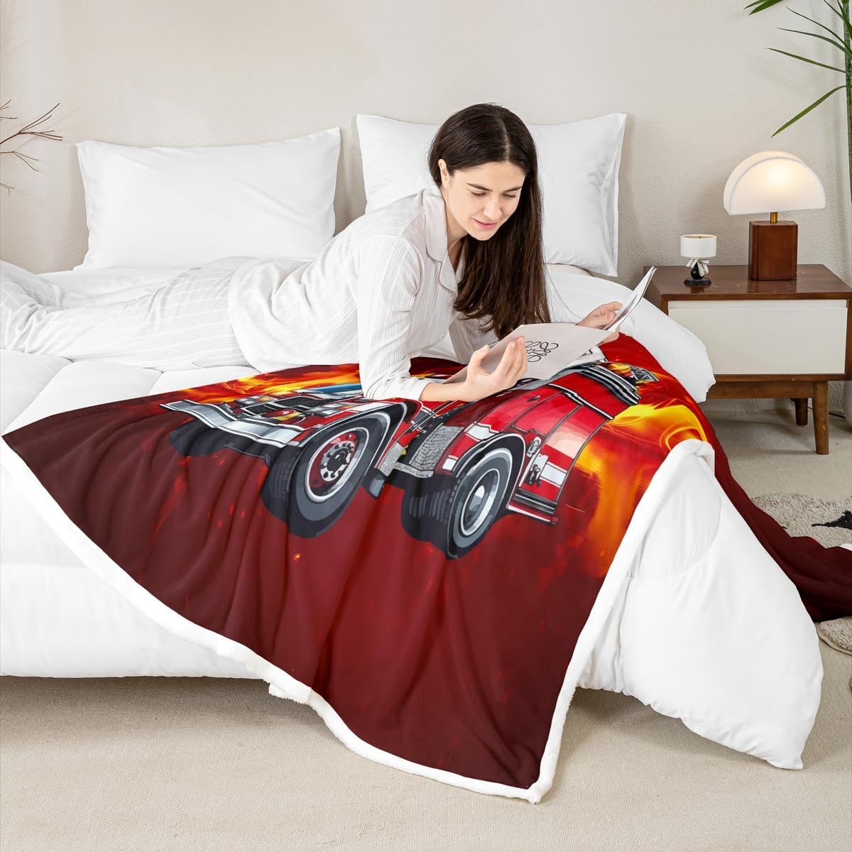 Firefighter Truck Sherpa Blanket - Firemen Car Vehicle Fleece Throw for Bed, Couch, Sofa - Children Bedroom Decor Fire Engine Pattern Plush Red Fuzzy Twin 60"x80"