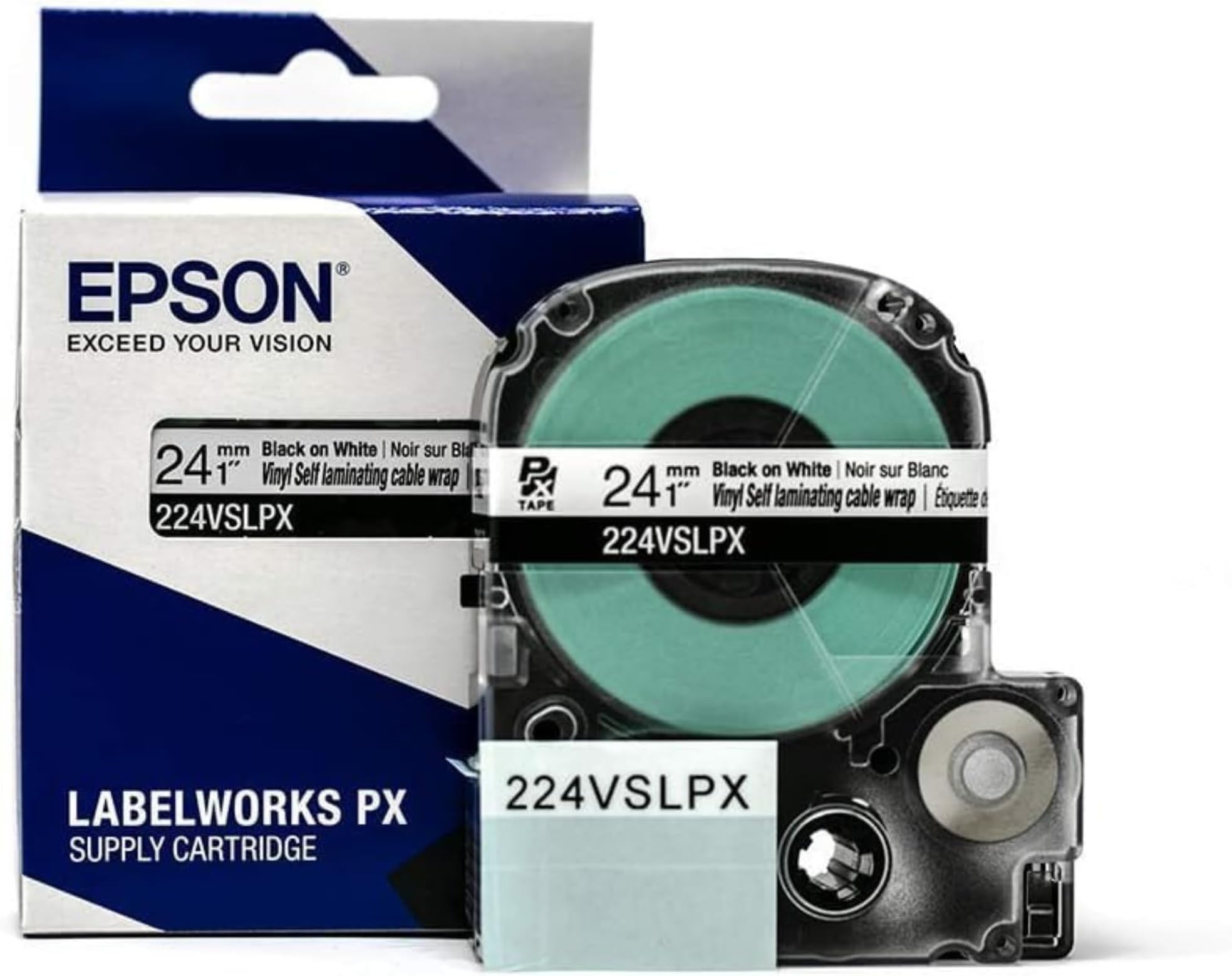 Epson LABELWORKS 224VSLPX Genuine Tape Cartridge - Black on White Flexible and Durable Vinyl Self Laminating Overwrap Industrial Label Maker Tape - 1" (24MM) Wide, 26.2 ft