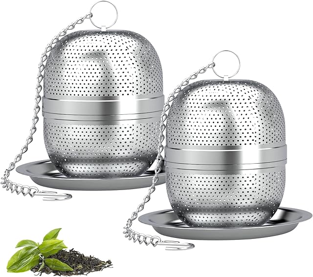 Yoassi Tea Infuser for Loose Tea, Stainless Steel Tea Ball Strainer 2 Pack Fine Mesh Tea Diffuser Filters with Drip Trays for Loose Leaf Tea, Herbal Tea, Mugs Teapots
