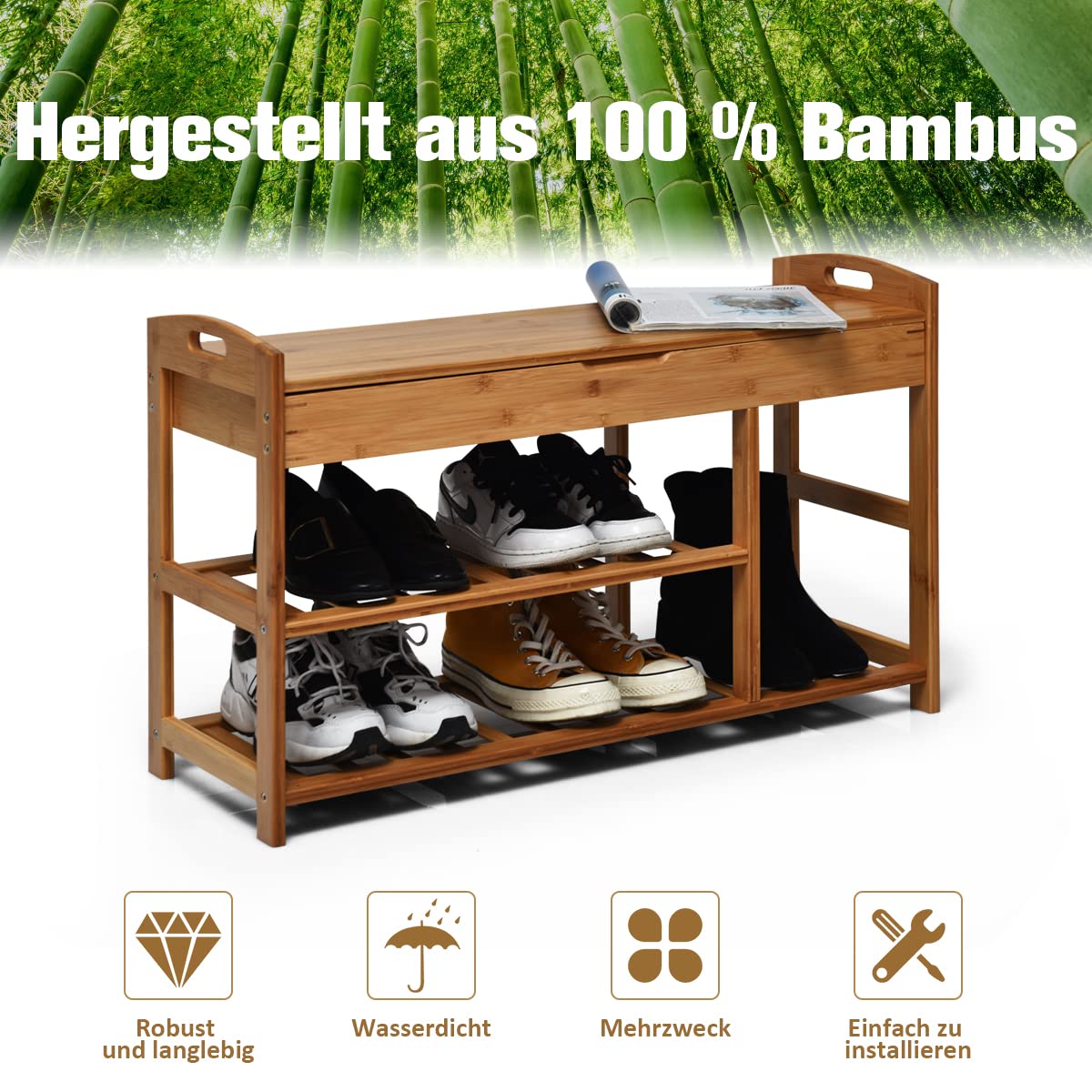 COSTWAY Schoenenbank van bamboe, schoenenrek met opbergruimte onder het zitvlak, 3 niveaus zitbank, schoenenkast met planken, gestoffeerde bank voor de entree (natuur