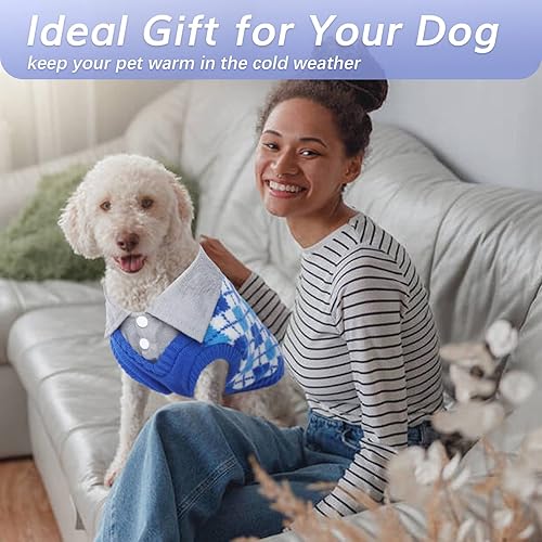 Miniatura 6 de Kuoser Suéter para perro, suave y cálido, suéter grueso de cuello alto a cuadros de diamante, disfraz de perros pequeños, medianos y grandes, ropa