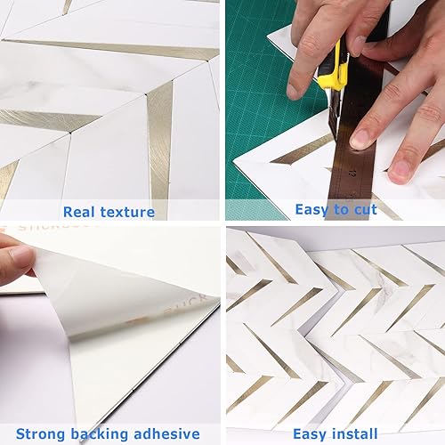 Vista 32 de STICKGOO Azulejos de espiga de 10 hojas para despegar y pegar, mármol Calacatta mezclado con PVC dorado claro en muro, azulejos de pared Calacatta
