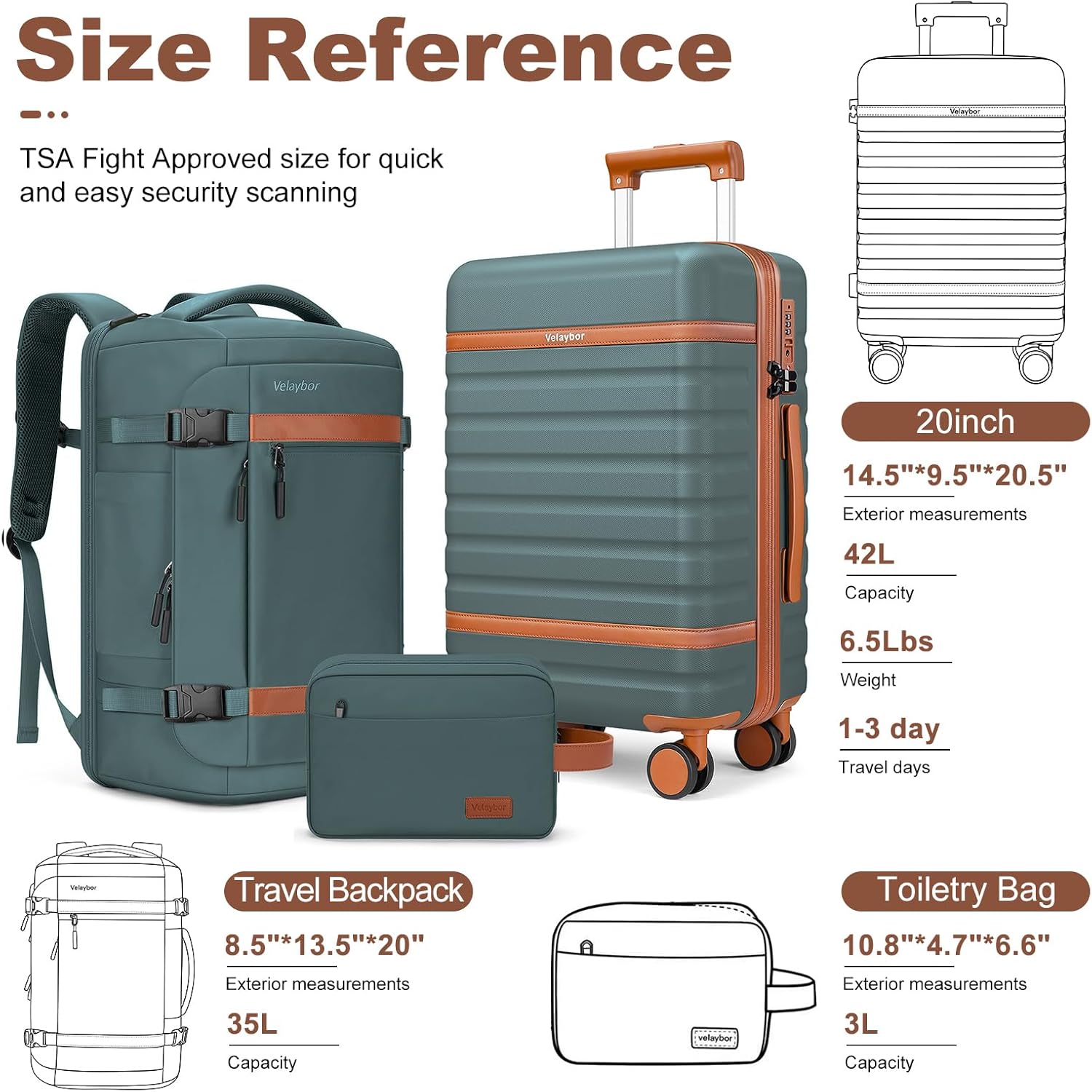 Luggage Sets 3 Piece with Spinner Wheels, Lightweight PC Hardside Suitcase with TSA Lock & YKK Zippers, 20 Inch Carry On Luggage with Travel Bag for Men and Women, Army Green
