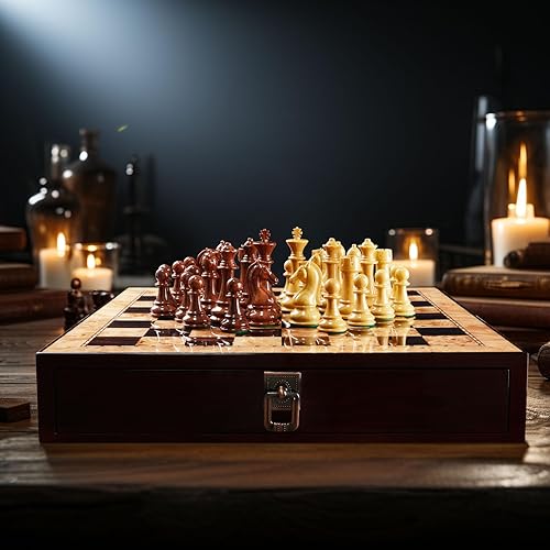 Miniatura 8 de AMEROUS Juego de ajedrez de madera de 17 pulgadas con piezas de ajedrez con alto peso de polímero, 2 cajones de almacenamiento integrados, 2 reinas