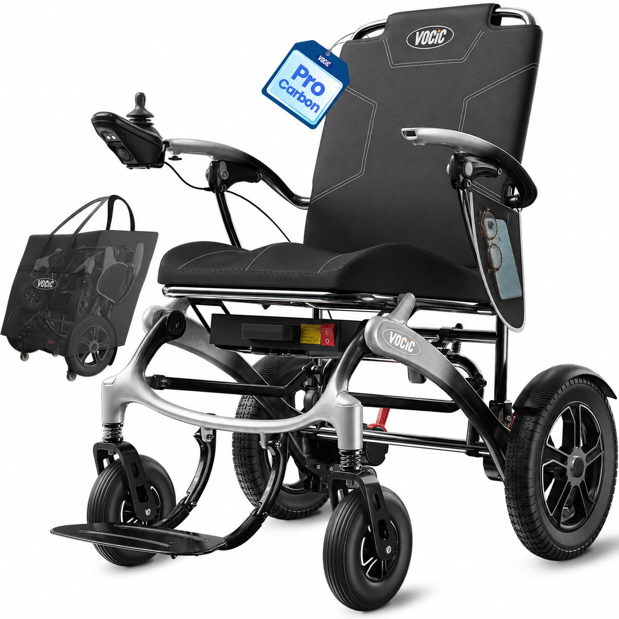 VOCIC Silla de ruedas de carbono eléctrica plegable ligera para personas mayores, plata | Sillas de ruedas eléctricas de hasta 136 kg, con motor de 500 W, con neumáticos para exteriores, ligeras (5 años de soporte)