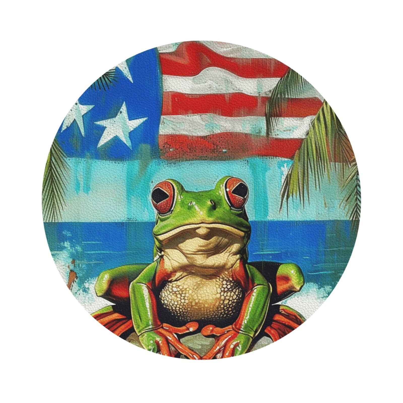 Puerto Rico Flag Frog Palm Trees Print Leather Coaster Set of 6, Round Shape Coasters Table Decorative Coffee Cup Beverage Coasters Wine Beer Bar Coasters for Hot Drinks Table Protection