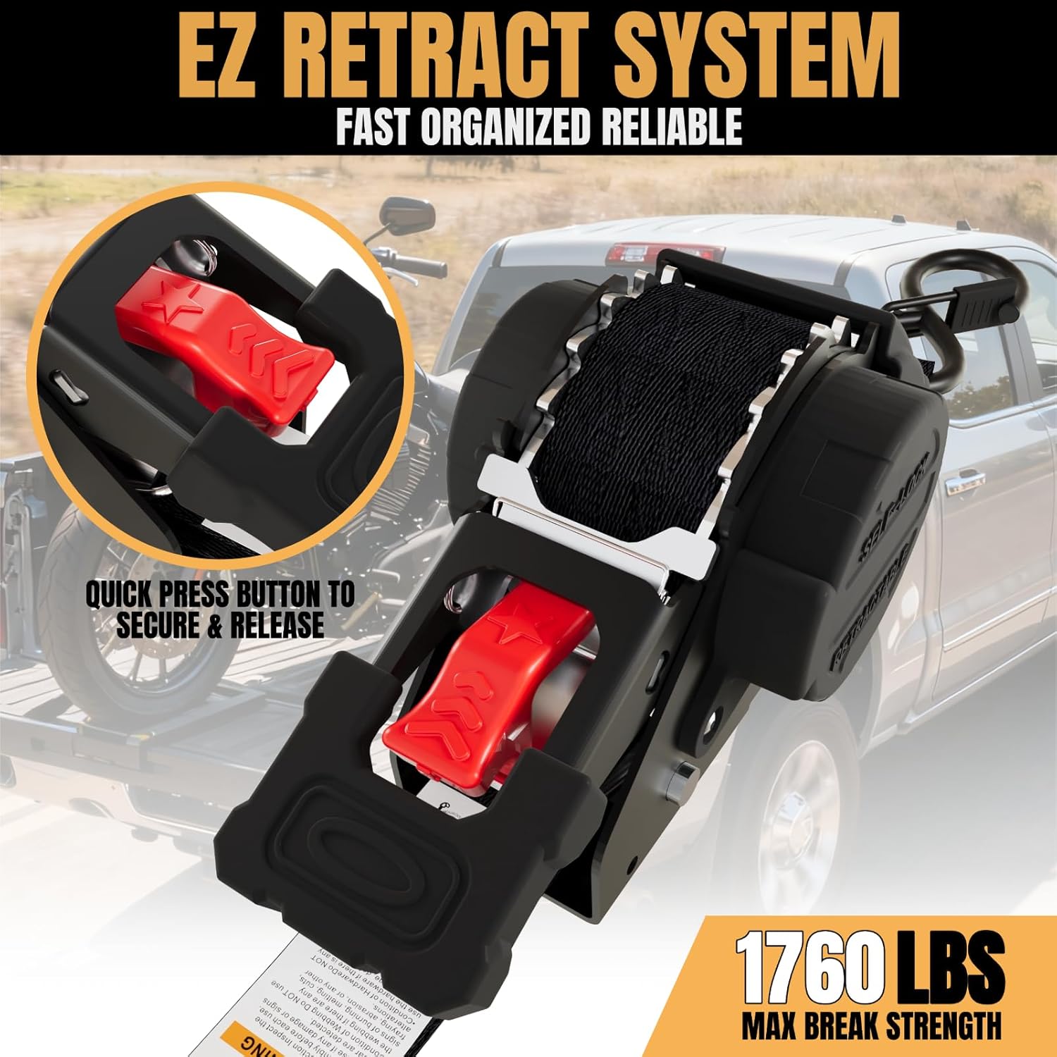 Retractable Ratchet Straps Heavy Duty Tie Down 1''*12ft Breaking Strength 1760LBS Cargo Securing System,for Motorcycle,Jetski,Kayak(Black,4 Pack) - Image 2