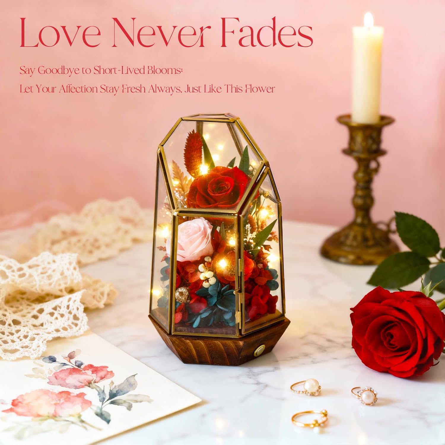 Valentines Day Flowers Gifts for Her,Forever Real Preserved Roses in Glass Dome,Valentines Roses Gifts for Wife Women Best Friend Girlfriend/Red Rose - Image 2