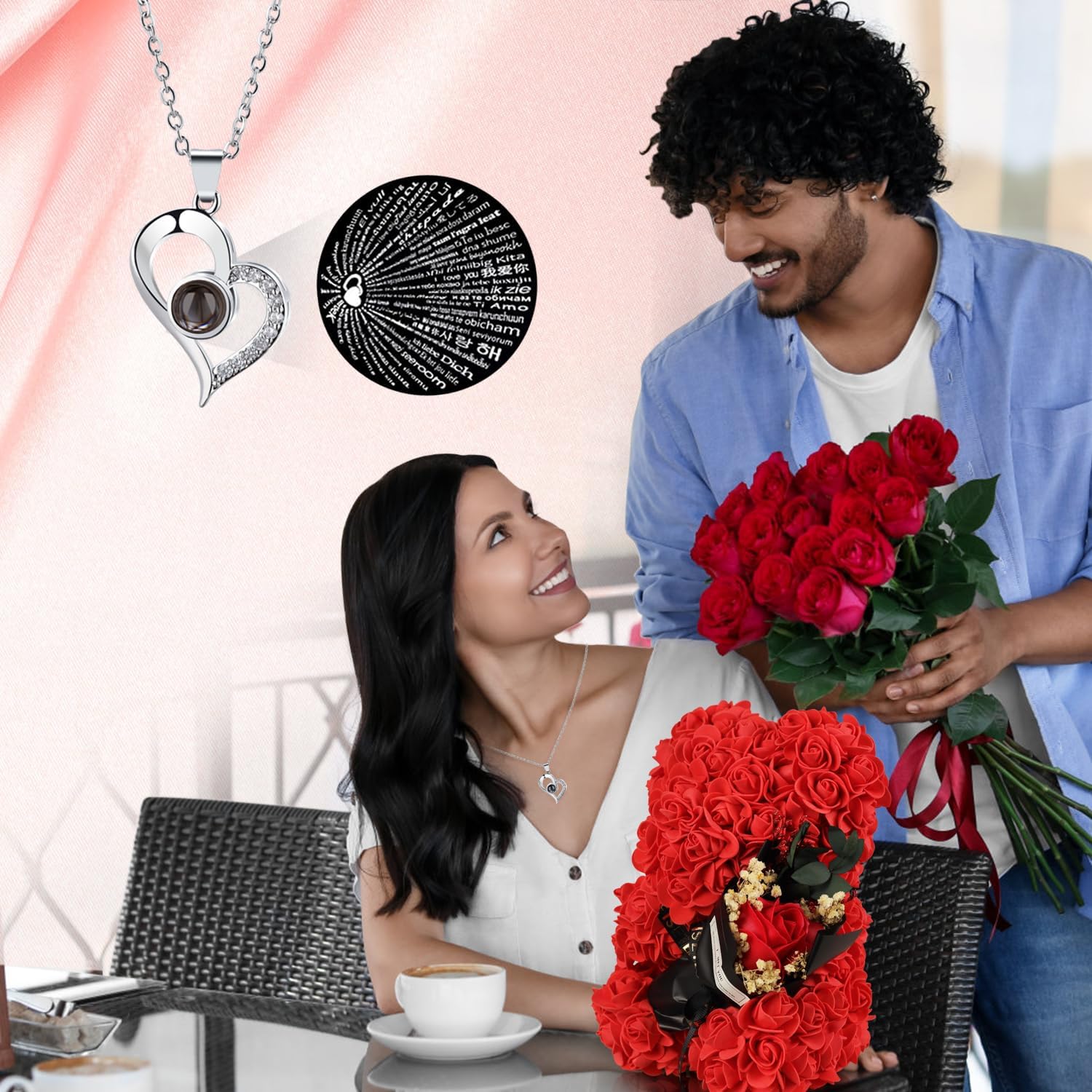 Valentines Day Gifts for Her Rose Bear with Bouquet and I Love You Necklace in 100 Languages, Birthday Mother’s Day Anniversary Valentines Gifts for Women Girlfriend Mom Wife - Image 4