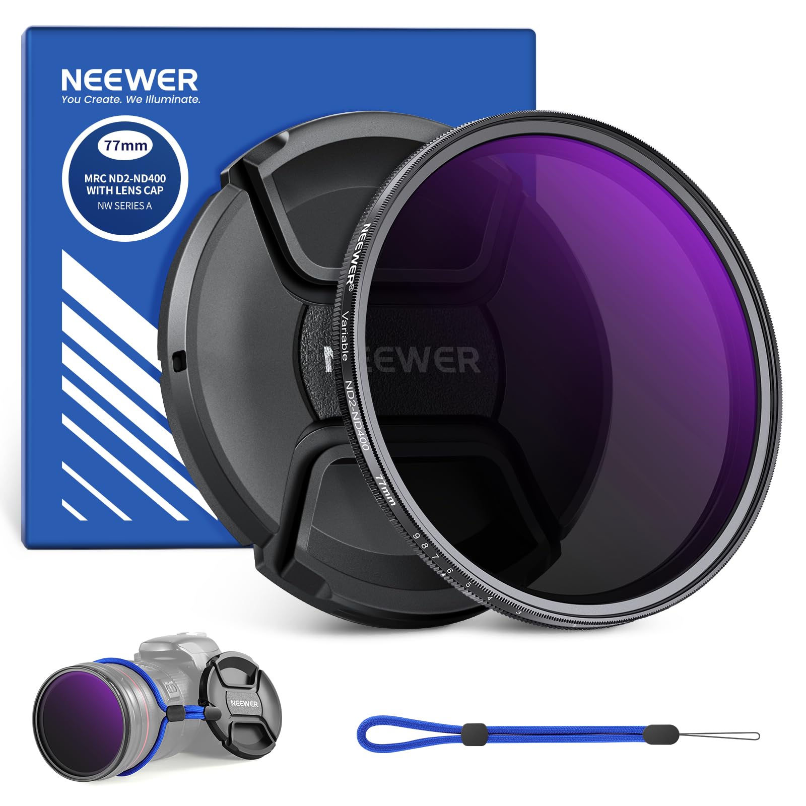 Neewer 77mm ND2-400 (1-9 Stops) Variable ND Filter with Lens Cap, Lanyard, Cleaning Cloth, Precise Neutral Density Adjustment, Fingerprint & Scratch Resistant Multicoated Optical Glass