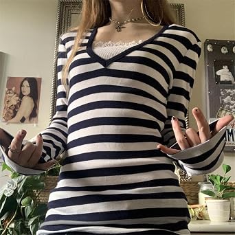 Y2k ストライプ グランジ ゴス シャツ レディース 長袖 ヴィンテージ 美的 原宿 Tシャツ ティーン ガールズ スリム フィット クロップトップ