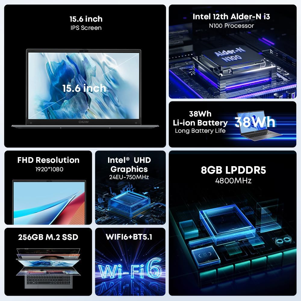 CHUWI GemiBook Plus 15.6'' Laptop Computer, Windows 11 Laptop 12th Gen Intel Alder Lake N100 (Up to 3.4GHz), 8GB RAM 256GB SSD, 1920X1080 HD Display Ultra Thin Laptop, HDMI/WiFi6/BT5.2/Webcam/38WH