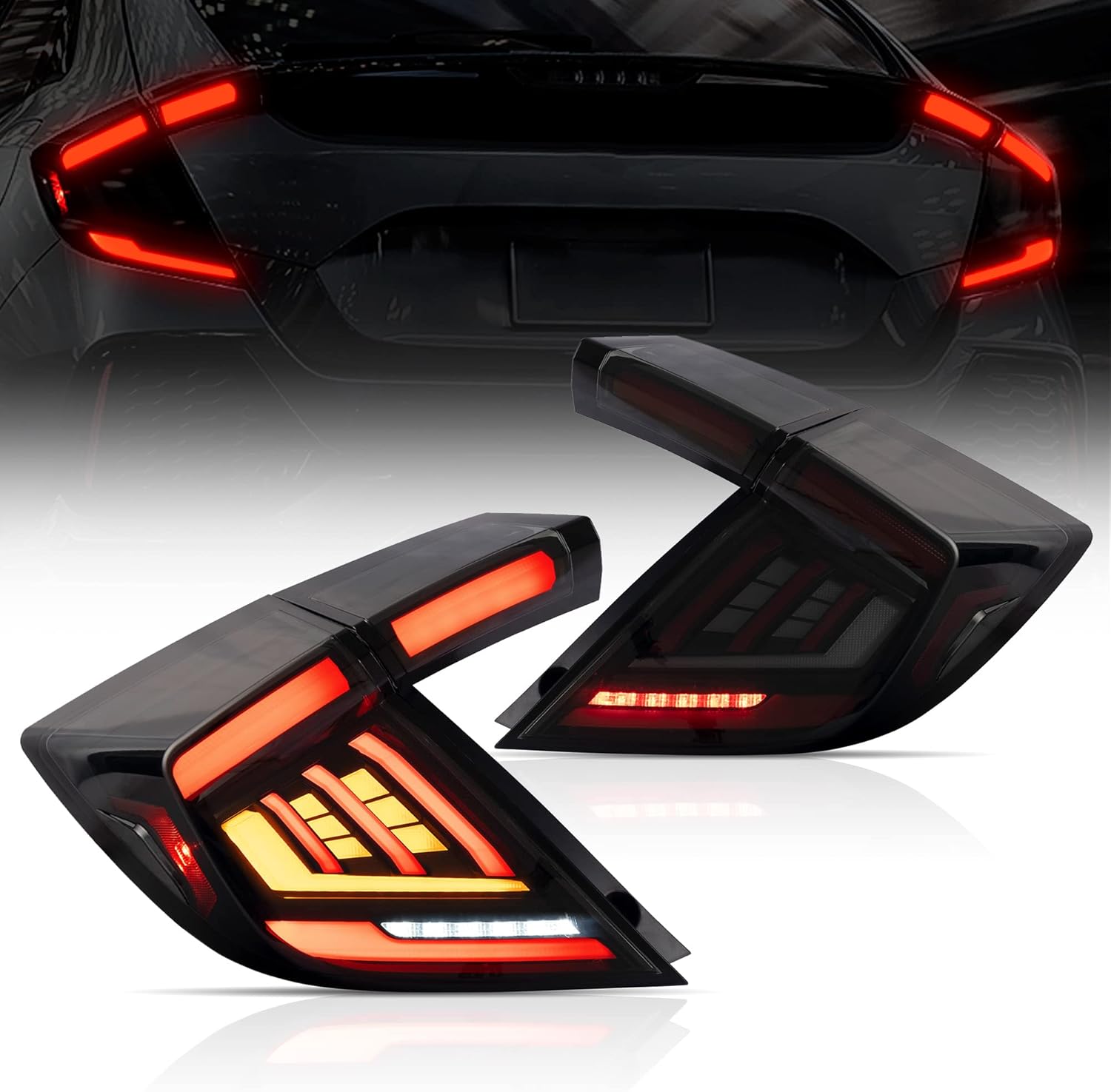 VLAND Smoke Tail Lights Compatible with 10th Gen Honda Civic Hatchback/Type R 2018-2021 (NOT For Coupe) w/Animation w/Sequential Turn Signal, Tinted, Driver & Passenger Sides