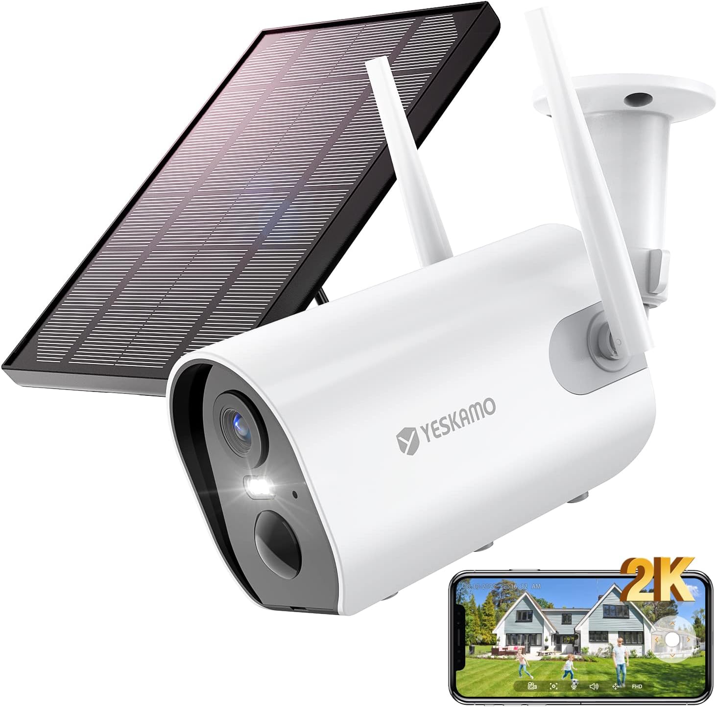 YESKAMO 2K Solar Security Camera Outdoor Wireless, 15000mAh