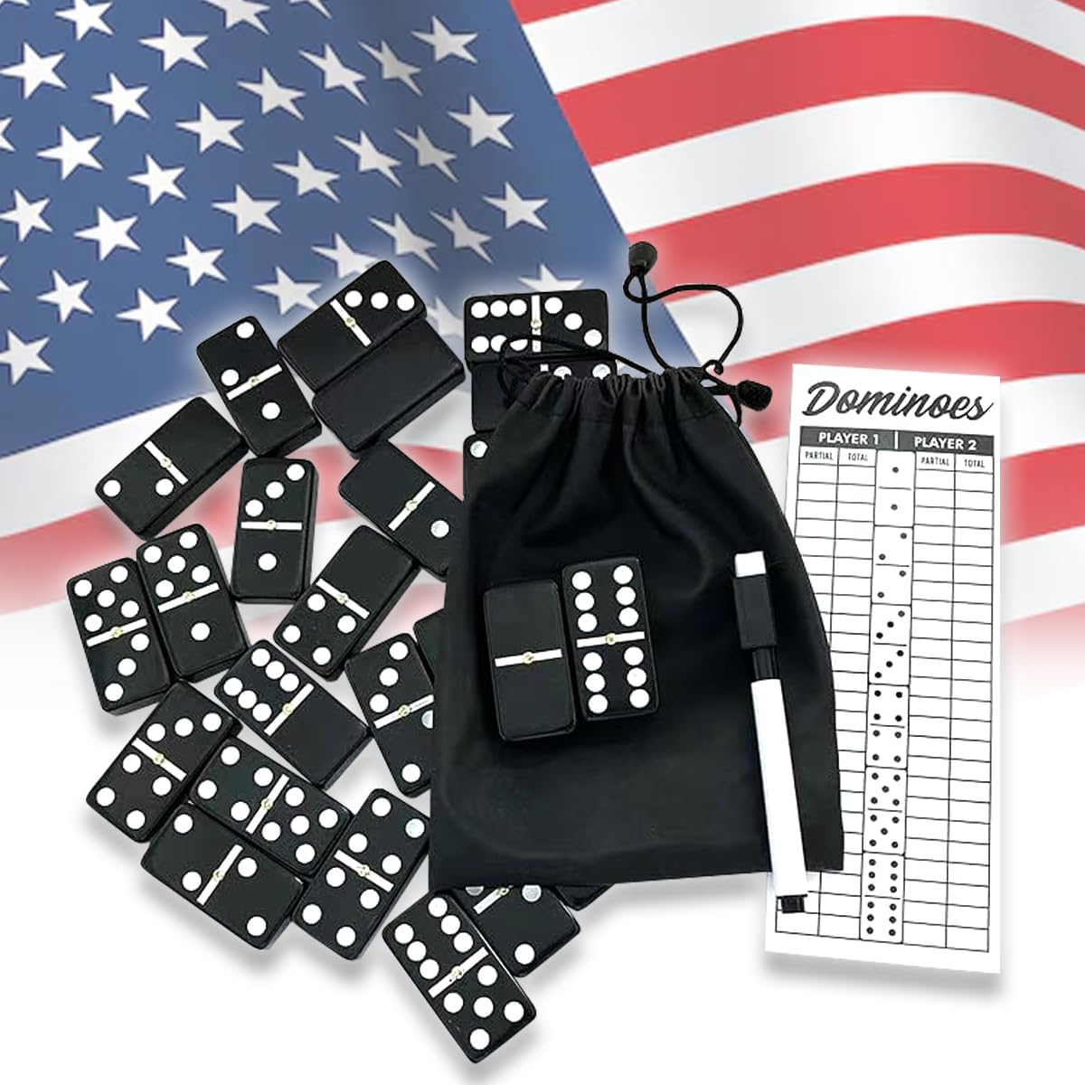 Double Six Dominoes Set Large Size with Reuseable Score pad & Pen Comes with Travel-Friendly Storage Bag Domino Set Black Color (02)