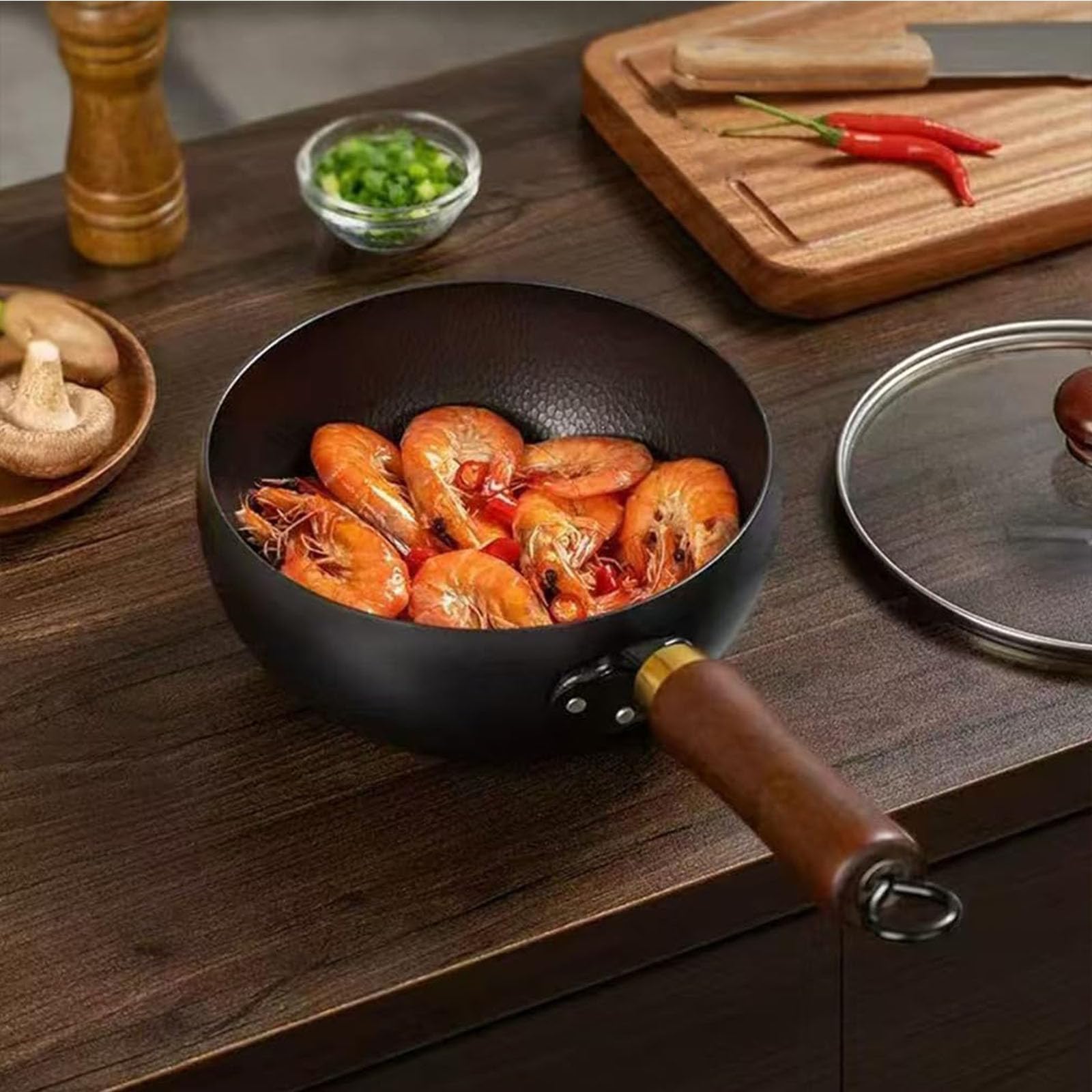 Padella in ferro non rivestita, padella in Sartén de hierro sin revestimiento, sartén japonesa Suntuup, wok de fondo redondo con tapa, wok pequeño de fondo plano sin revestimiento (30cm)