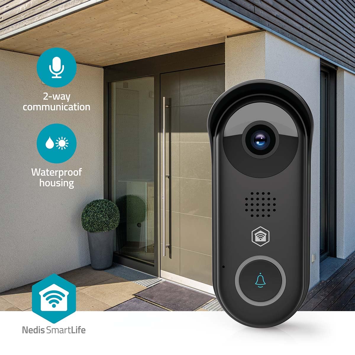 Nedis WIFICDP11BK | Timbre Inteligente con cámara Wi-Fi | 1080p Full HD | Visión Nocturna | Detección de Movimiento | Audio bidireccional | Almacenamiento microSD y Nube | Negro