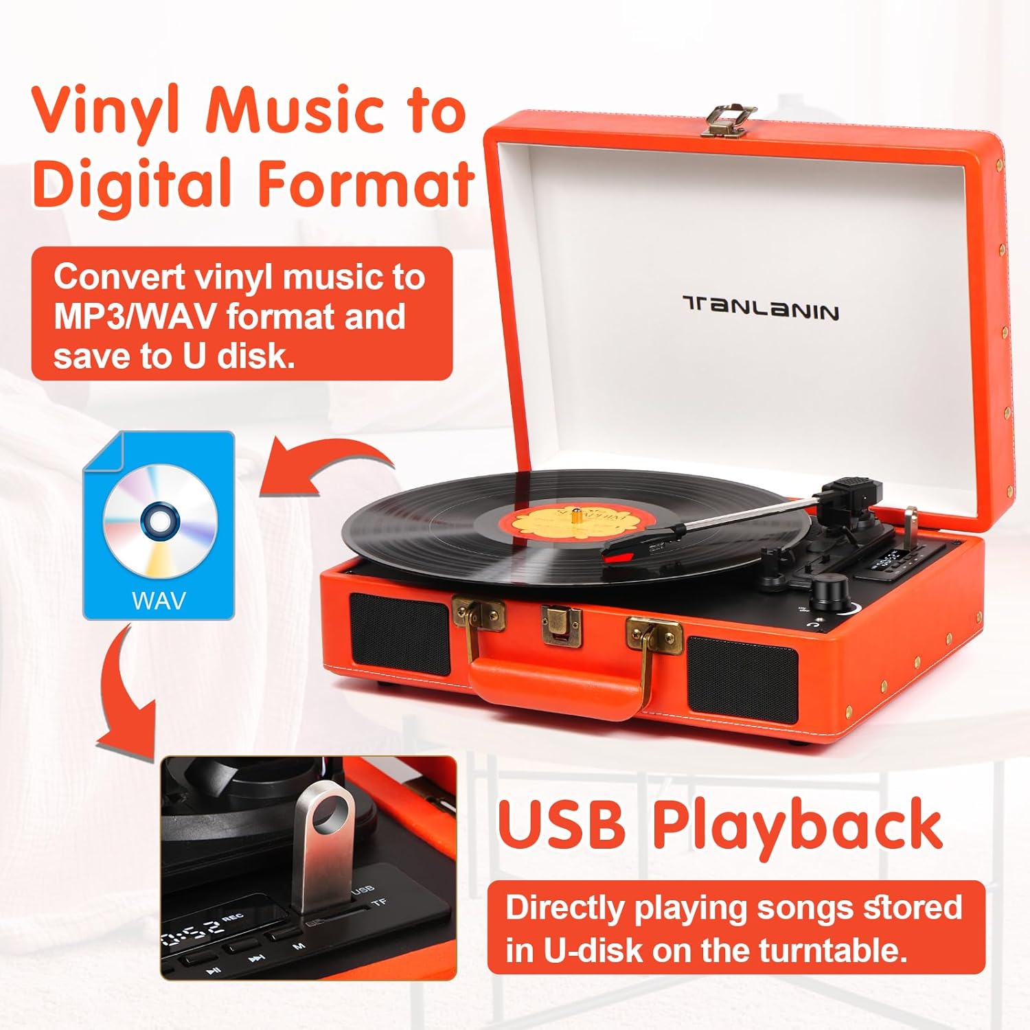 Portable Vinyl Record Player with Bluetooth and USB Recording, Vintage Suitcase Record Player with Built-in Stereo Speakers, 3-Speed Turntable, RCA/AUX/Headphone Jack, Orange