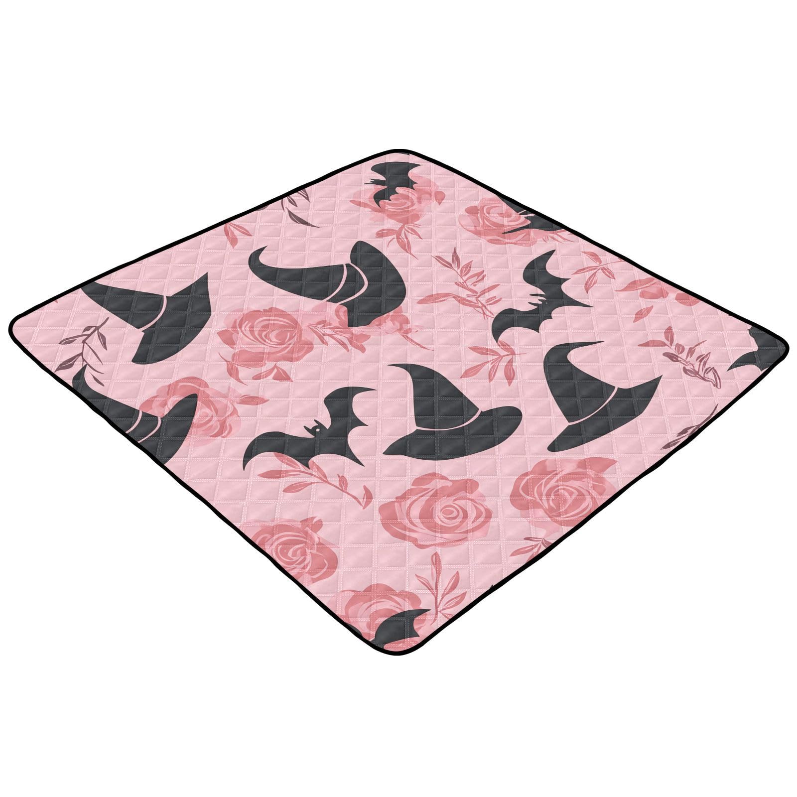 BOESI Doodle Bat and Rose Baby Play Mat, 50“ X 50” Washable Folding Crawling Mat, Baby Floor Mat, Soft, Non-Slip