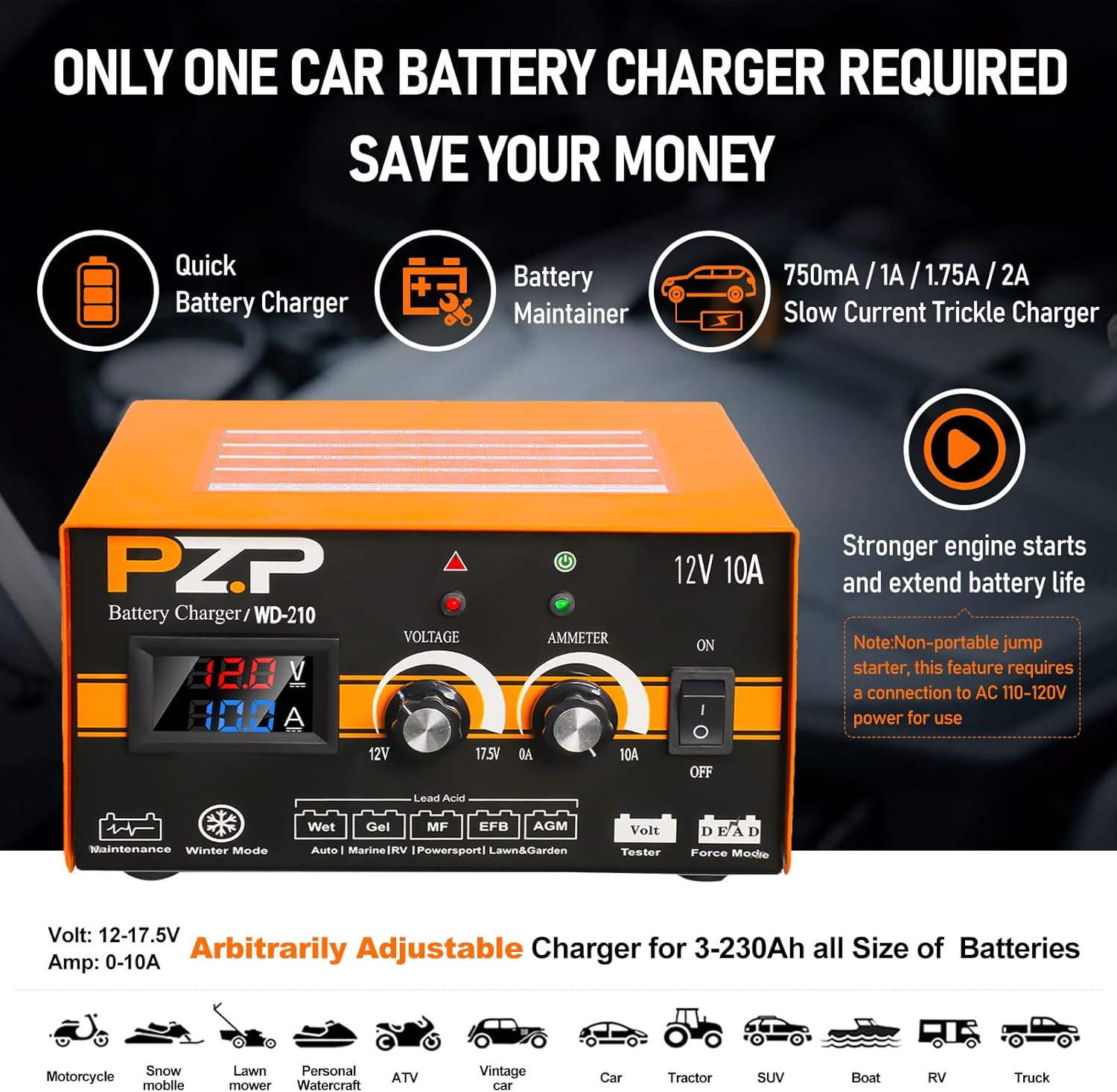 PZP 12V Manual Battery Charger Maintainer, 0 to 10A Arbitrarily Adjustable Car Battery Trickle Charger, Battery Desulfator with Repair, Winter Mode, Suitable for Lawn Mower, AGM, Deep Cycle Batteries