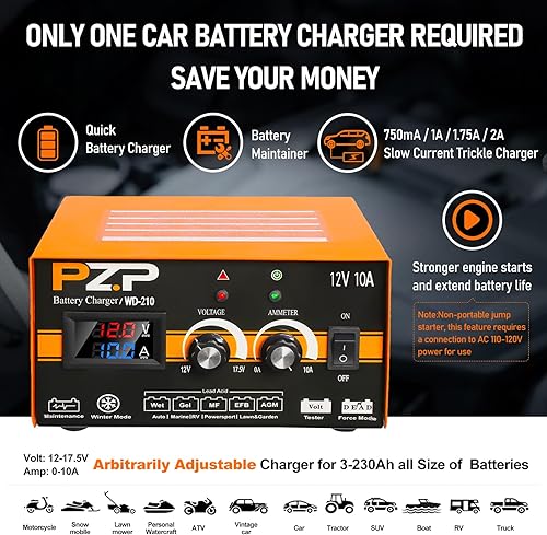 Miniatura 3 de PZP - Cargador de batería de 0-10A de 12 voltios, automóvil, barco, camión, automóvil, motocicleta, RV, cortacésped, 12V, cargador manual