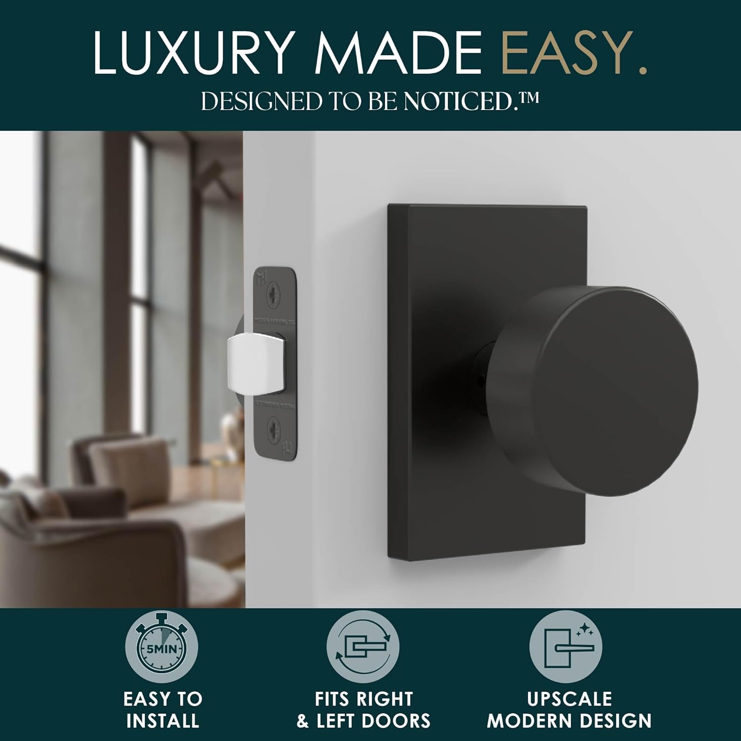 Mega Handles Laura Passage Door Knobs - 1 Pack Reversible Interior Door Knobs, Heavy Duty Matte Black Door Knob for Closet & Hallway, No Lock, Fits All Standard Door Sizes - Matte Black