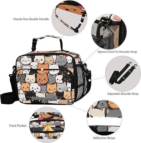 Miniatura 4 de Kcldeci Linda bolsa de almuerzo con diseño de caricaturas de gato con diseño de garabatos, bolsas de almuerzo aisladas, lonchera reutilizable, bolsa