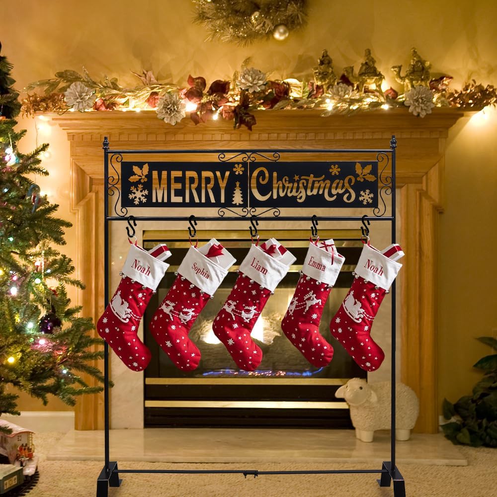 YEAHOME Christmas Stocking Holder Stand, Merry Christmas Metal Stocking Haner with Openwork Snowflake, Freestanding Stocking Stand with 5 Non-Slip Hooks for Home Indoor Living Room Fireplace, Bronze