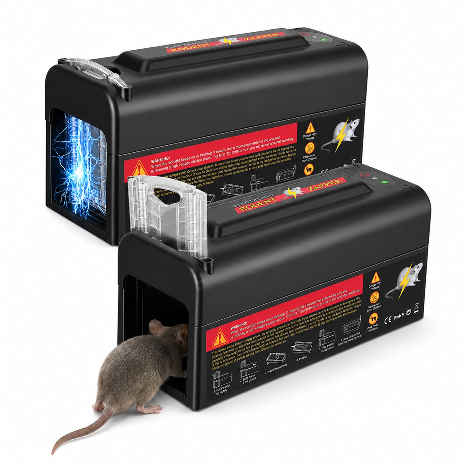 2 trappole elettriche per topi con sensore intelligente ad alta tensione (6-9 KV) per grandi roditori, senza esche tossiche, sicure per casa, cucina e ristorante, distruggenti elettronici per interni