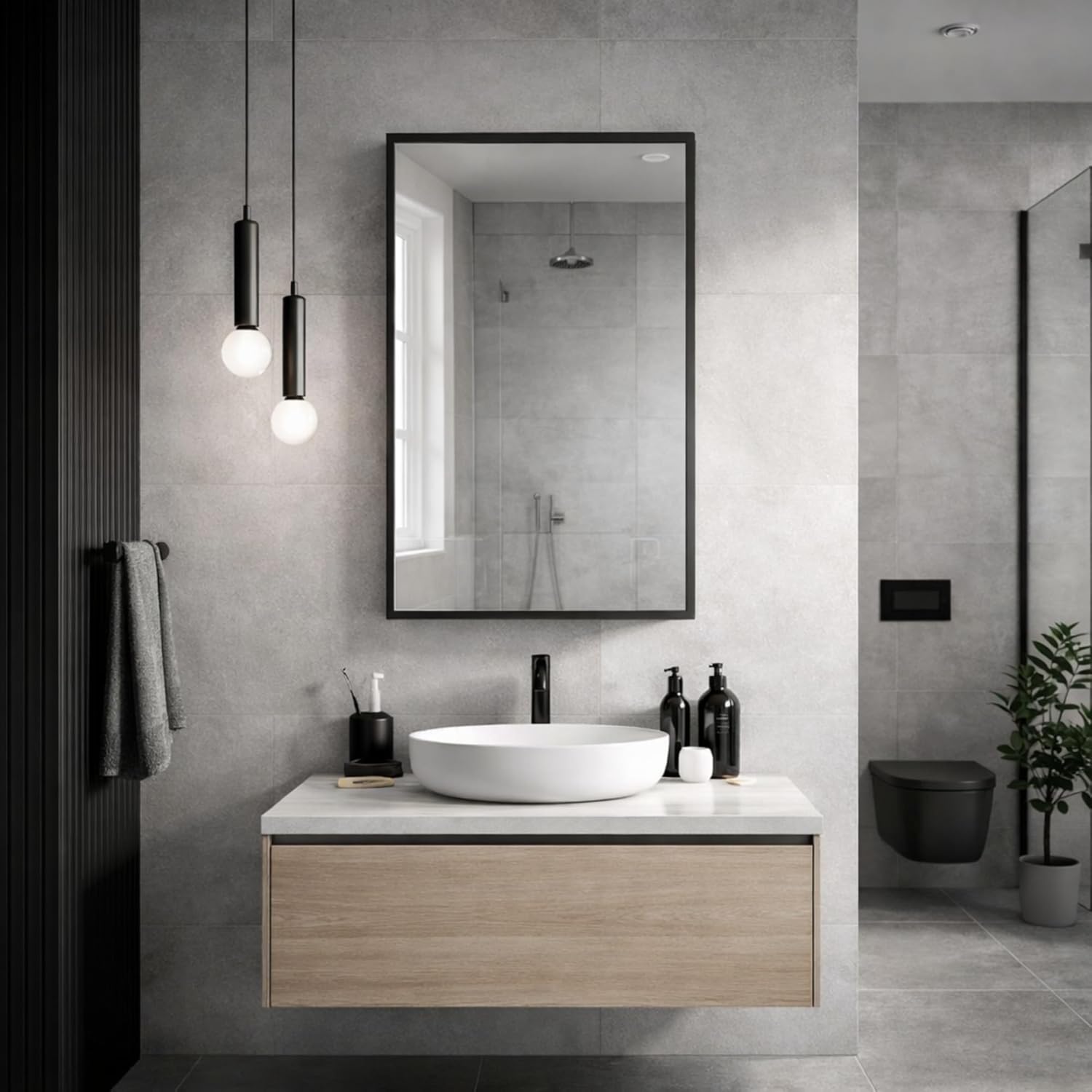 Head West Black Metal Recessed Medicine Cabinet Beveled Mirror, Bathroom Wall Mount Storage Organizer with Glass Shelves - 20" x 30"