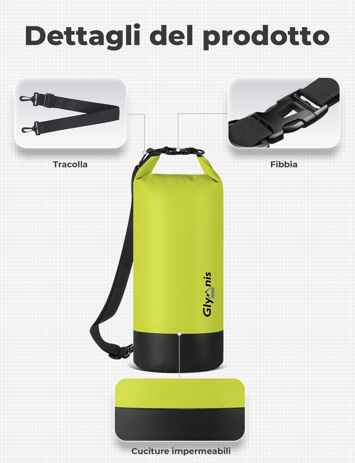 Glymnis Borsa Impermeabile 5L 10L 20L Dry Bag Sacco Impermeabile con Tracolla Regolabile, Include Custodia Impermeabile per Cellulare, Ideale per Barca, Pesca, Rafting, Nuoto