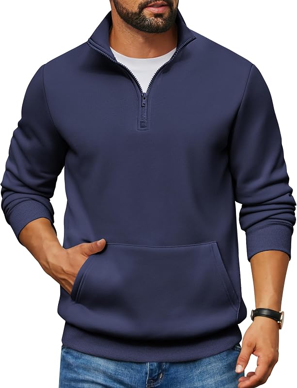 COOFANDY Mens Half Zip Pullover Stand Collar Fleece Sweatshirts Fall Winter