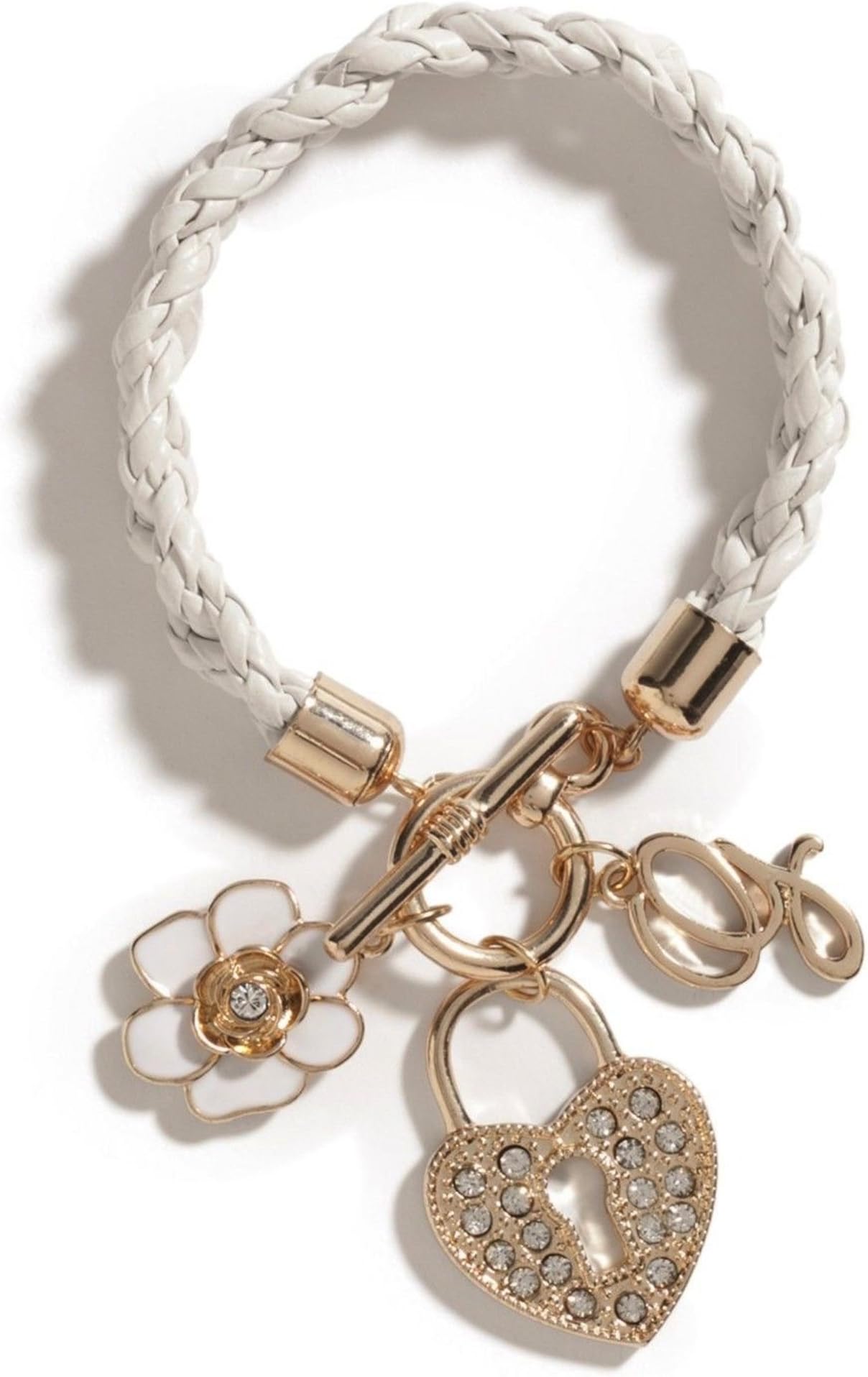 GUESS Gold-Tone with white Woven Toggle Bracelet with heart charm