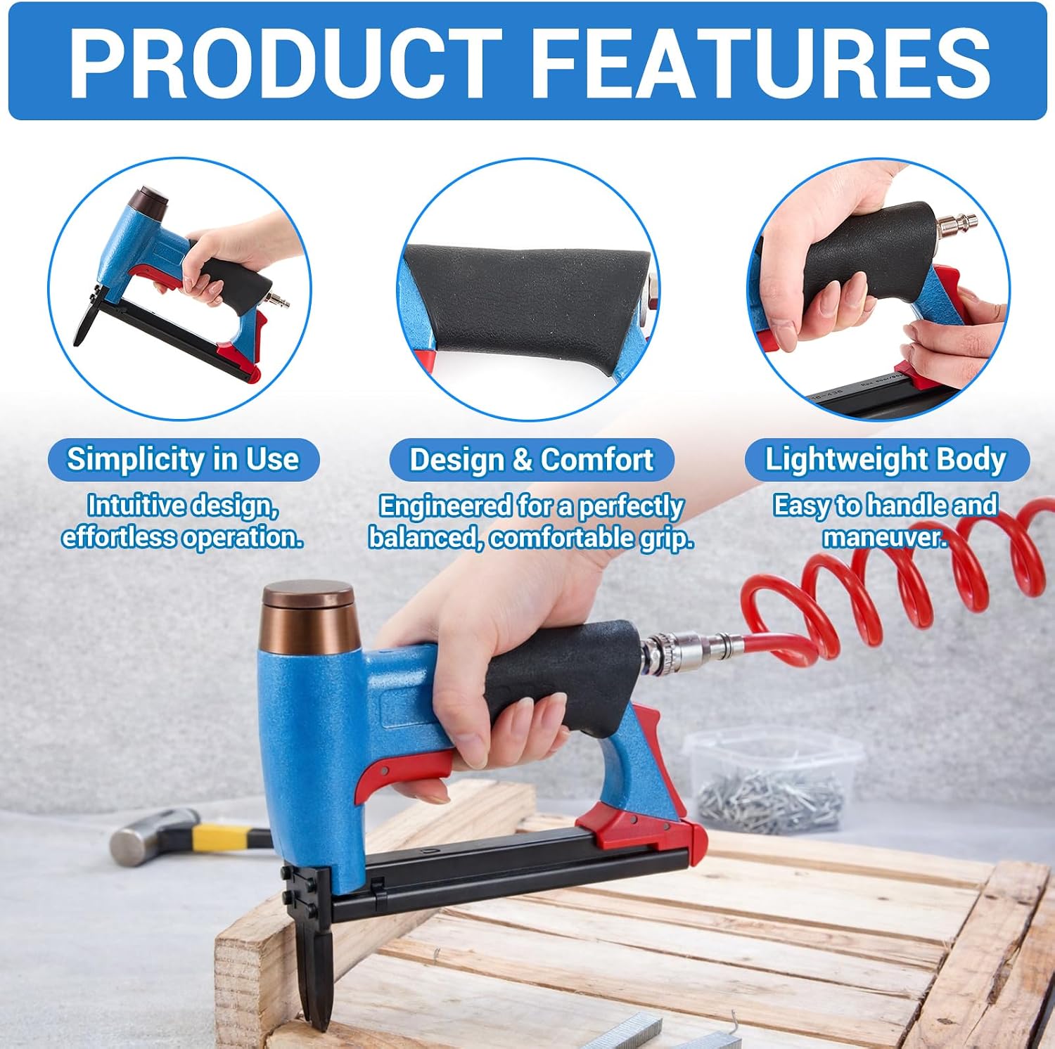 Pneumatic Upholstery Stapler, 22 Gauge Compatible with 71 Series Air Staple Gun (3/8" Crown), 1/4"-5/8" Length, 190-staple Magazine, 60-100 Psi, 1/4" Npt(Long Nose)
