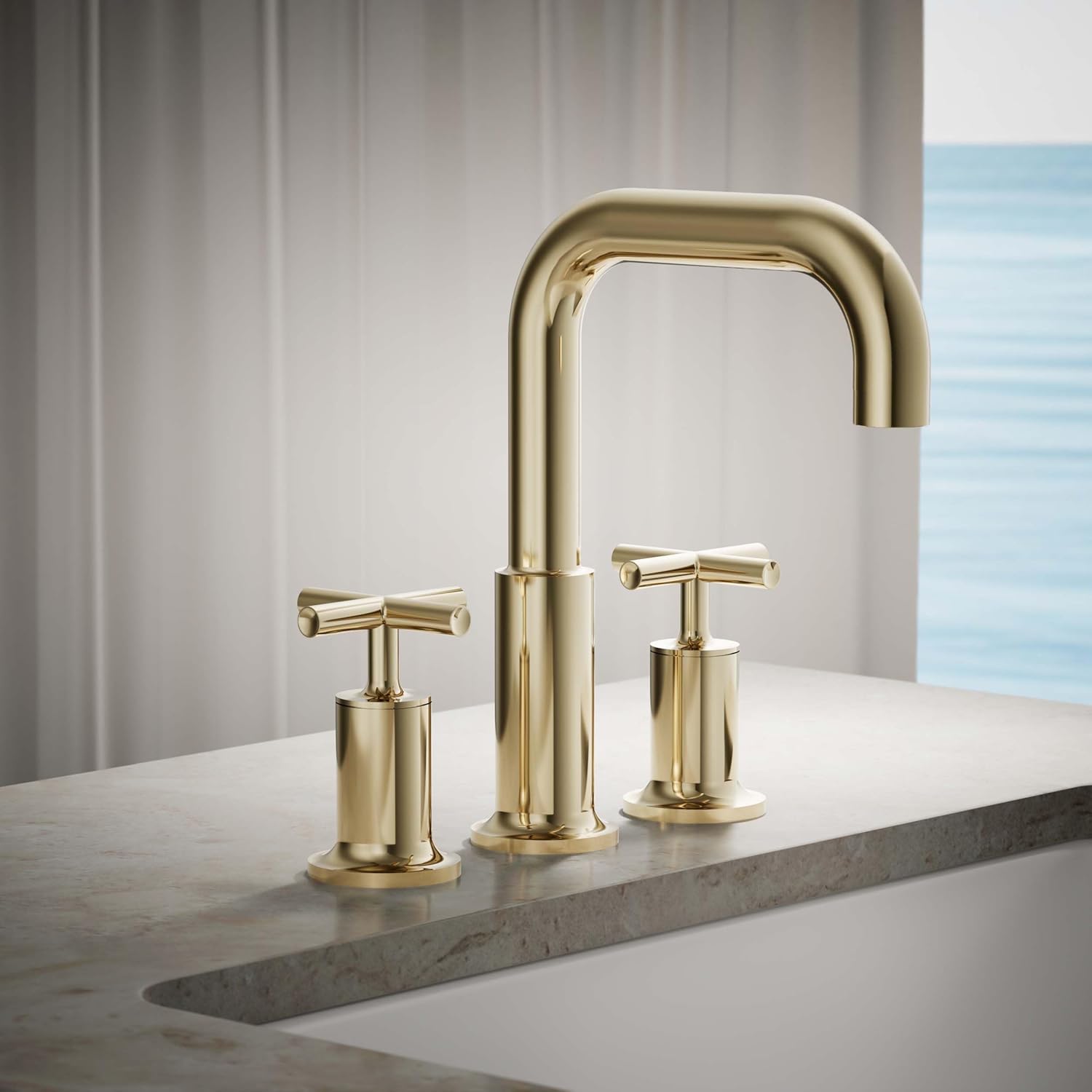 KOHLER K-T14428-3-AF Purist Deck-Mount High-Flow Bath Faucet Trim with Cross Handles, Valve Not Included, Vibrant French Gold