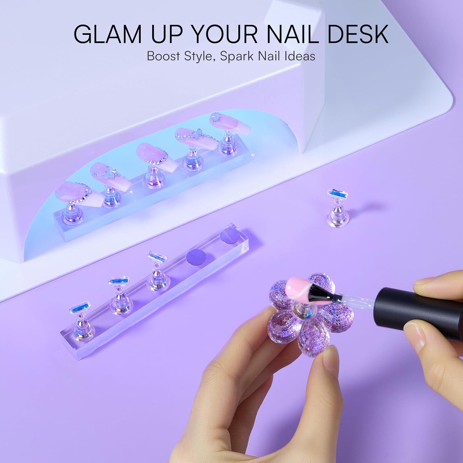 Makartt Holographic Nail Stand for Press-On Nails DIY, Magnetic Holder, 1 Flower & 2 Long Bases, Clear Purple Nail Stands for Gel Curing, Beginners Practice, Nail Tech & Creators Display Nails