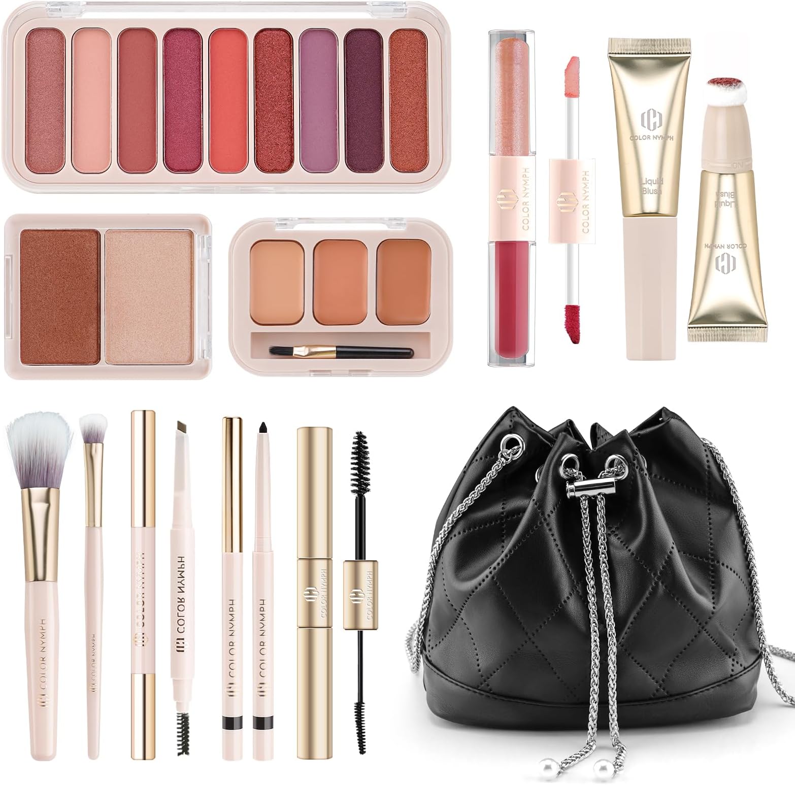 Color Nymph Makeup Sets For Women, Teen Girls With Travel-Friendly Makeup Kits Bag Included 9 Color Eyeshadow Palette Concealer Liquid Blush Eyeliner Lipgloss - #01