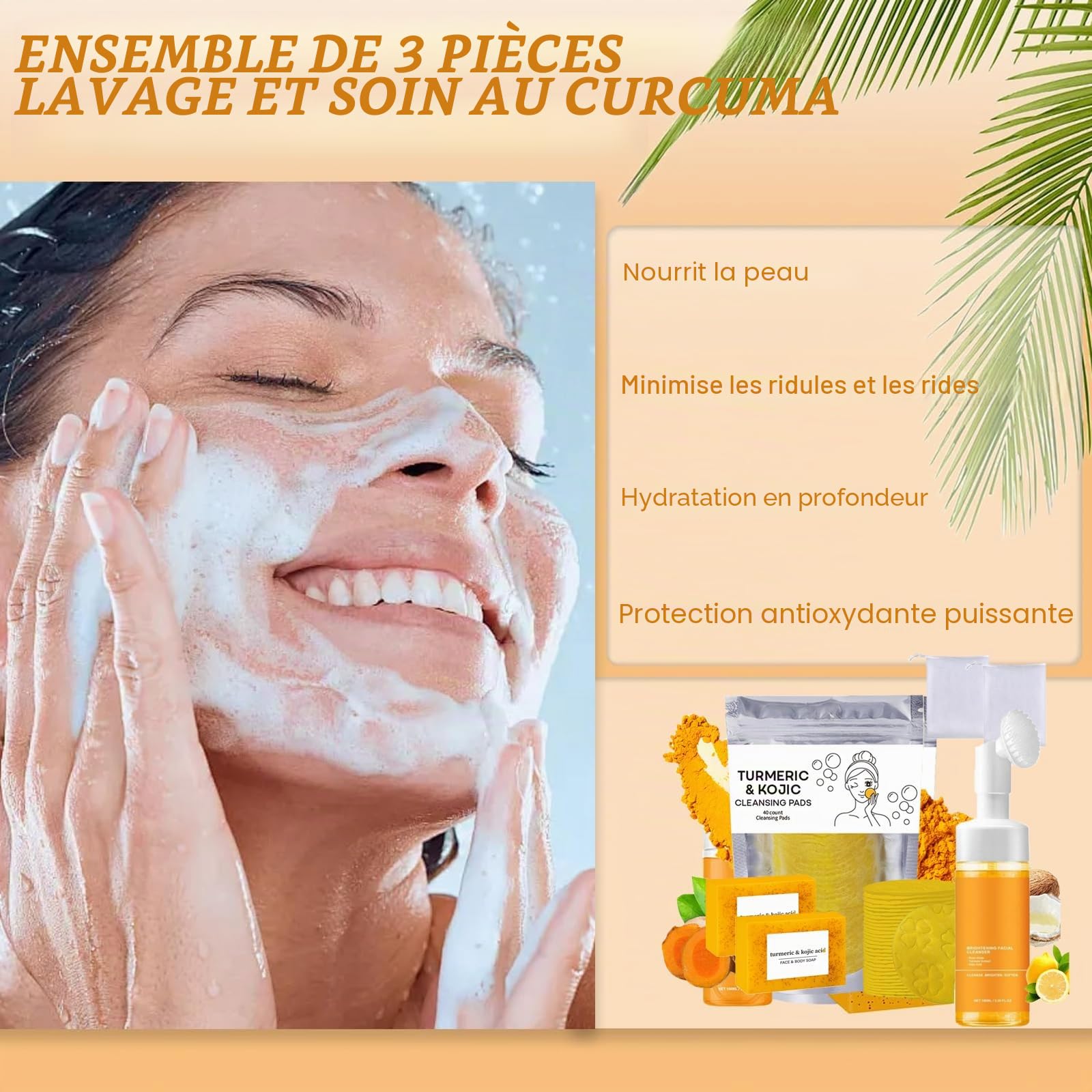 Ensemble Trois Pièces pour Lavage et Soins au Curcuma, Nettoyant Facial Avec Brosse, Tampons Gommants pour le Visage, Pain de Savon, Filet Moussant pour Savon, Ensemble de Nettoyage en Profondeur