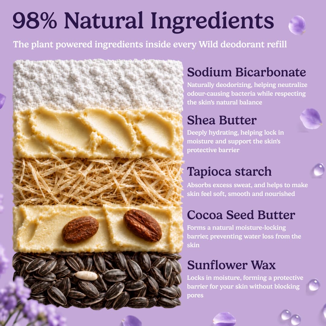 Wild - Deodorante Naturale Ricaricabile - Astuccio Viola con Varie Ricariche - Incluse Cotton & Sea Salt, Cherry Blossom, Coconut & Vanilla, Mint & Aloe Vera, Ocean Mist