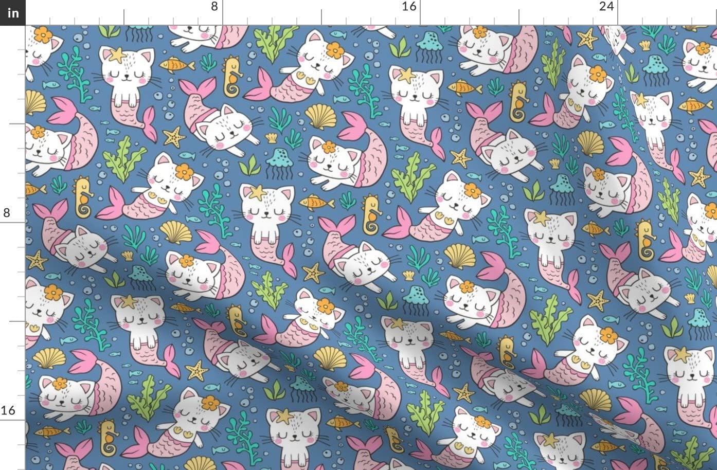 Spoonflower Fabric - Cats Mermaids Sea Doodle Dark Blue Navy Fish Animals Cat Spring Summer Printed on Organic Cotton Sateen Fabric by The Yard - Sewing Quilting Apparel Home Decor