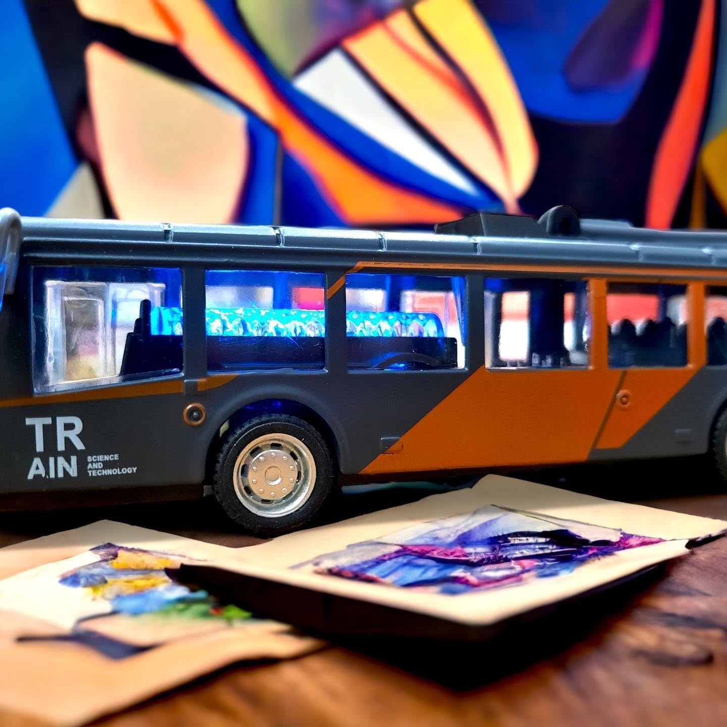 Shivaaro Pull Back Diecast Metal Bus with Music & LED Lights - Multicolor Alloy Train Bus Toy for Kids 3