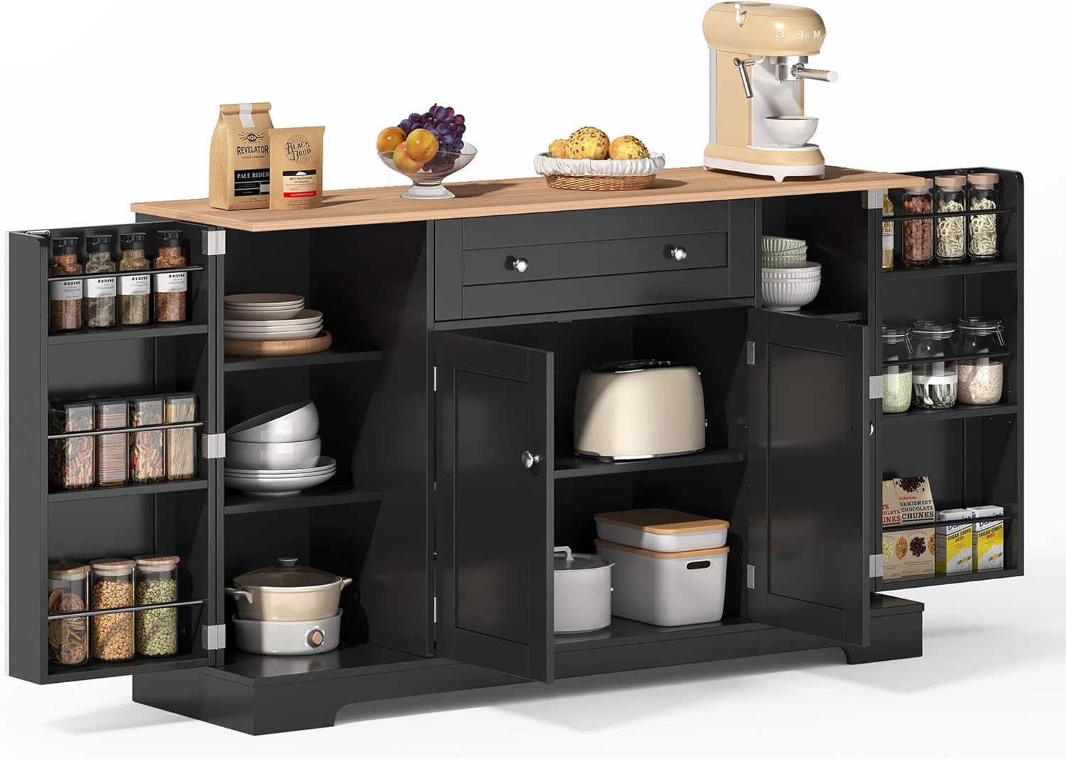 DRIXNO Buffet Mit LED-Beleuchtung 100x40x180cm - Küchenbuffet Mit Steckdosen Weiß