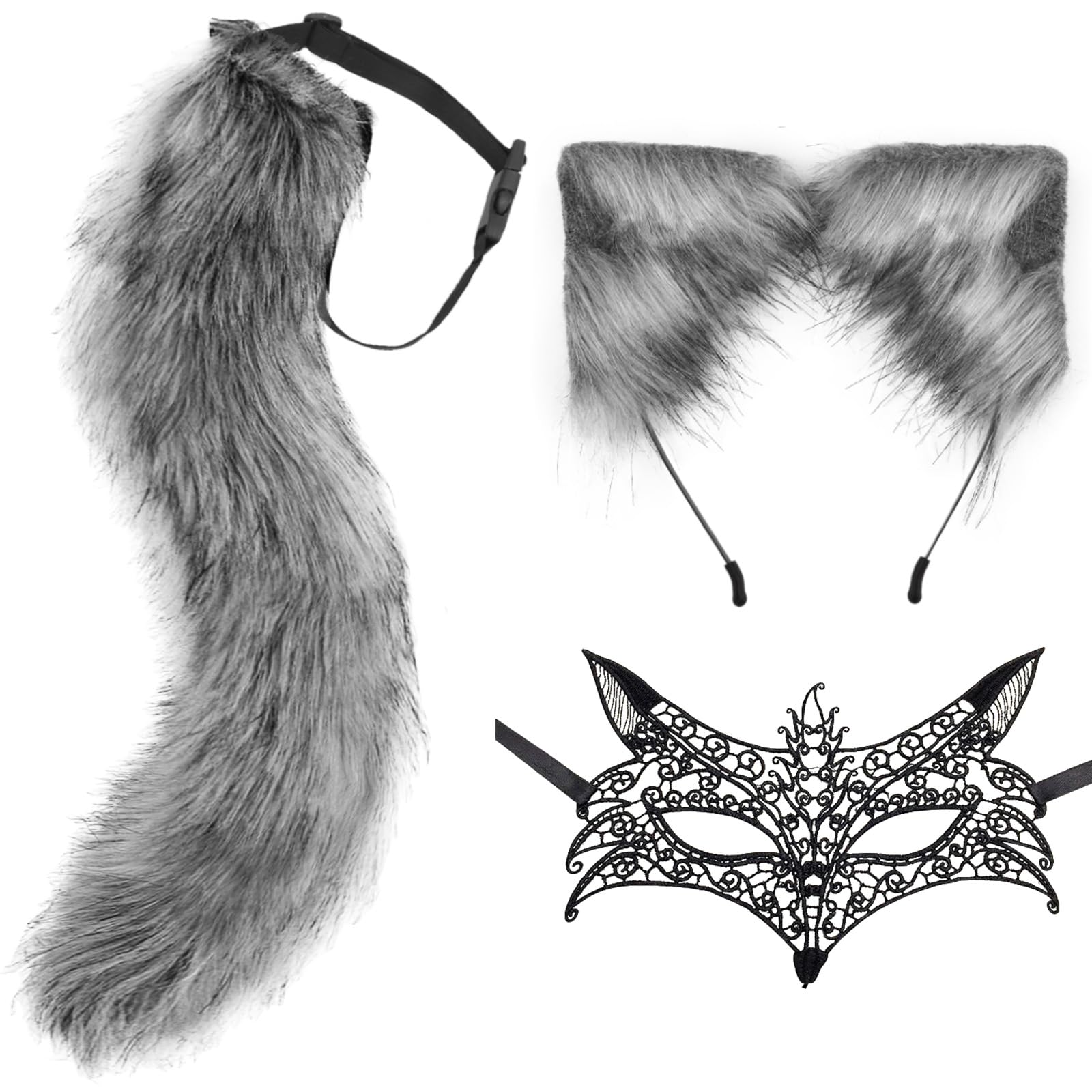 DRESHOW Faux Fur Wolf Tail Cat Ears Headband Lace Masquerade Mask Set Wolf Fox Cosplay Costume Animal Dress Up Fancy Dress Accessories Halloween Role Play Party Costume