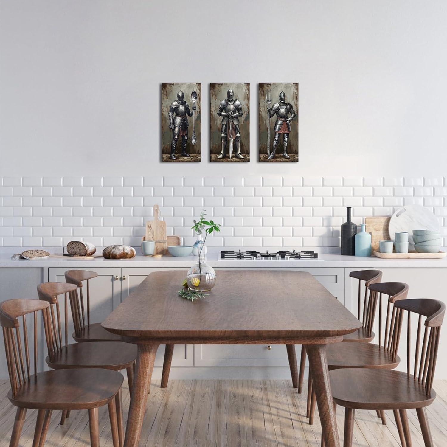WELMECO Kitchen Wall Art Soldier Prints Dining Room Decor Picture Funny Vintage Style Art Kitchen Decoration Framed Ready to Hang,20x16inchx3Pieces (Silvery)