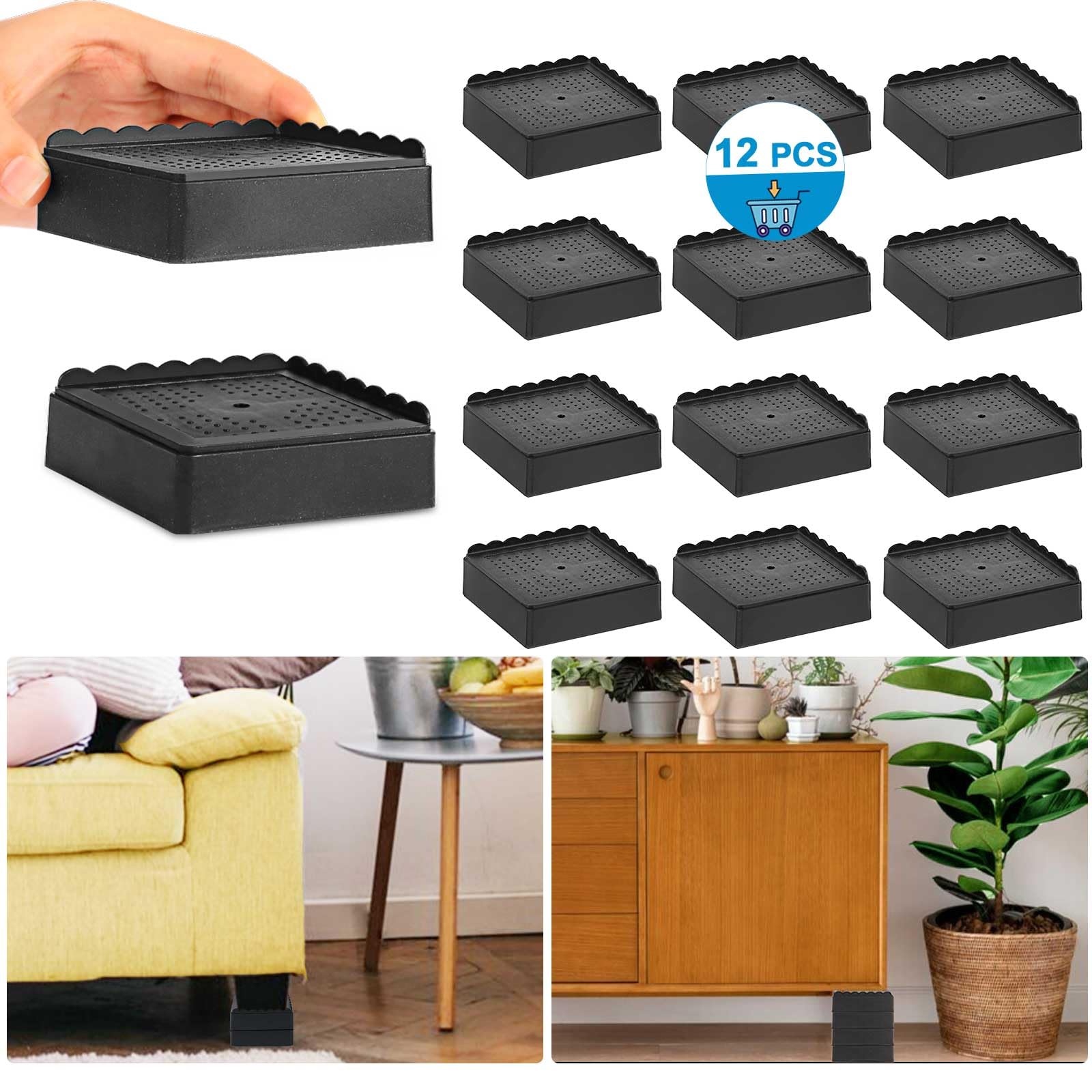 Elevadores de cama de 1, 2, 3 y 4 pulgadas, resistentes, ajustables para mesa, escritorio, sofá, silla, reclinable, marco de patas para dormitorio, bloques apilables (negro, paquete de 4, 1+1+1