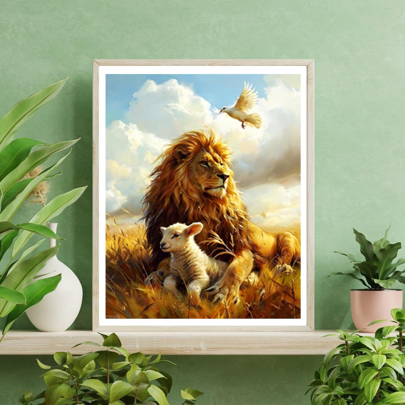 XTXGERL Lion and Lamb Paint by Numbers for Adults Retro Lion Digital Oil Painting Canvas Sheep Religion Painting by Numbers Set Gift Decor (16x20in, Without Frame)
