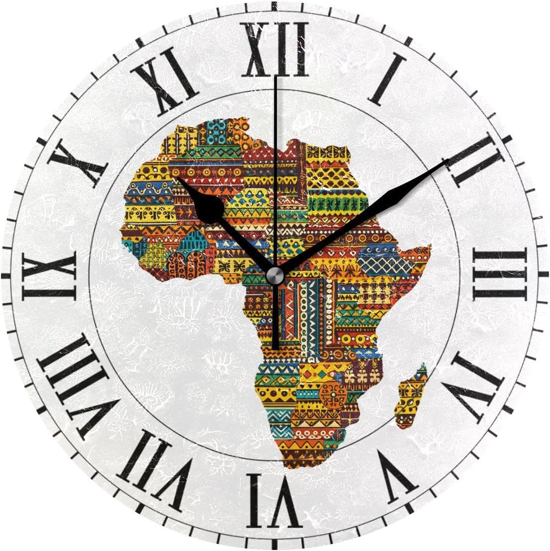 ABLINK Africa Ethnic Map with Countries Round Wall Clock, Silent Non Ticking Oil Painting Home Office School Decorative Clock Art