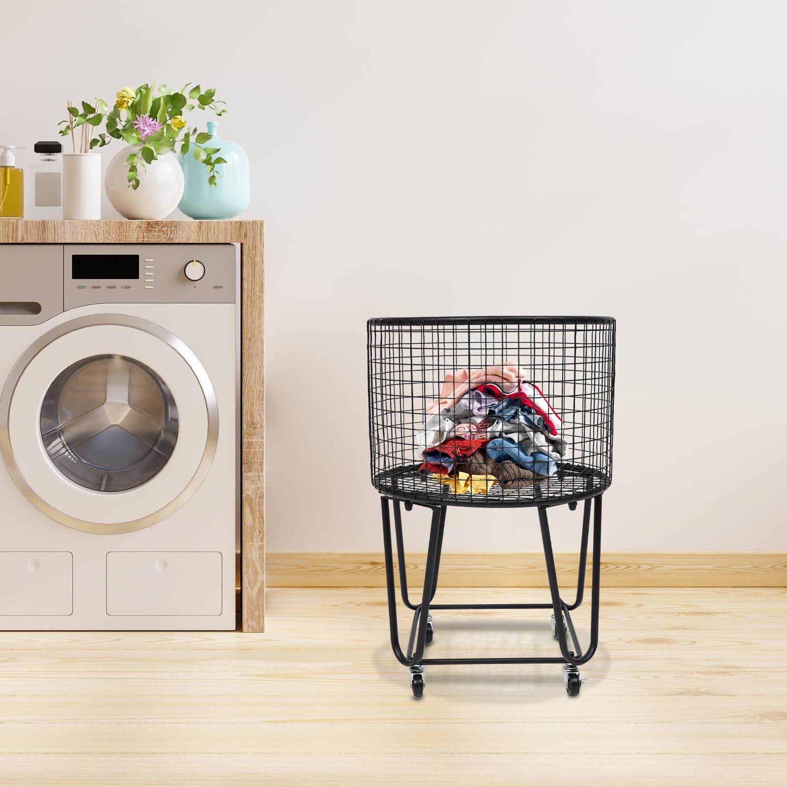 Cesto Portabiancheria con Ruote, Carrello Portaoggetti in Rete Metallica Maniglie, Contenitore Mobile per La Selezione dei Vestiti, Organizer Biancheria Filo Metallico Black Round