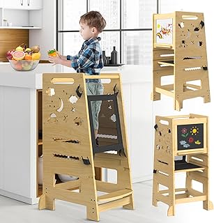 Toddler Tower, Toddler Kitchen Stool Helper with Safety Rail, Natural Wood Kitchen Step Stool for Kids, Adjustable Height Montessori Learning Tower for Bathroom & Kitchen Counter